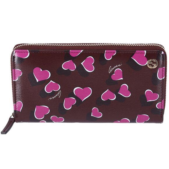 GUCCI Betty Interlocking G Heartbeat Print Zip Around Wallet Wine Pink - Picture 1 of 7